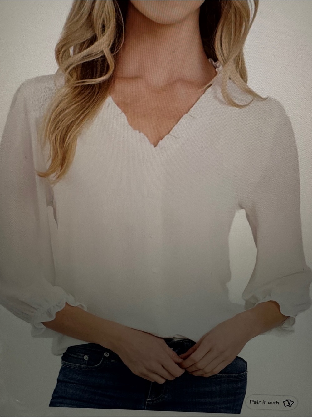 CeCe White V-Neck Ruffle-Trim Blouse